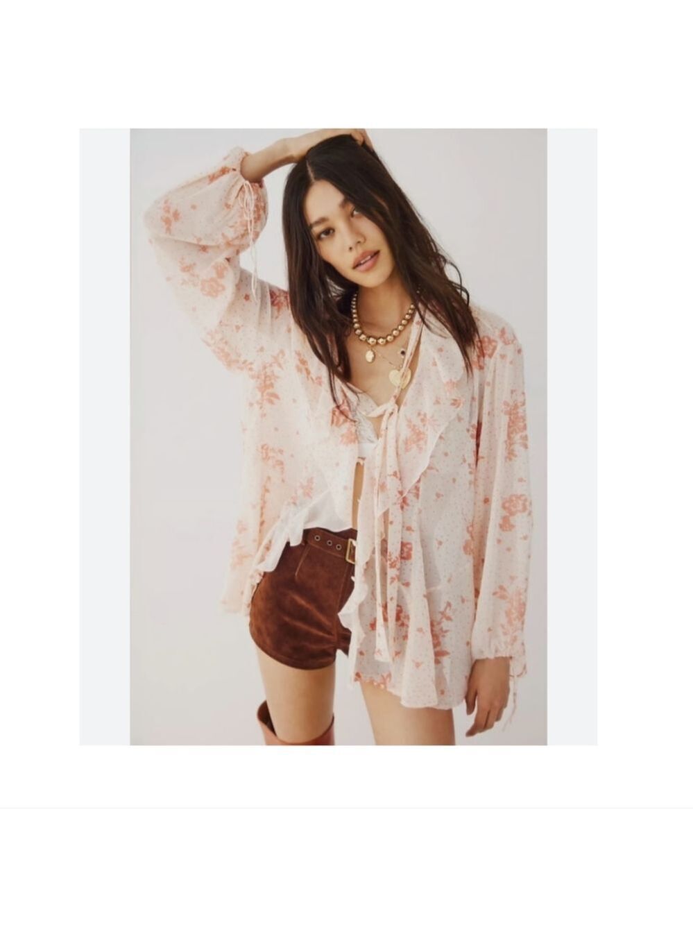 Free People Pink Sheer Floral Tunic Blouse XS